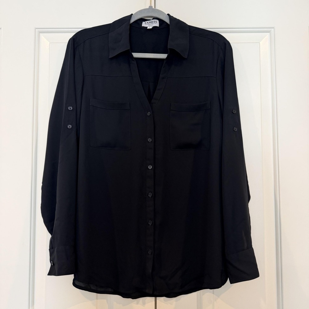 Express Portofino Shirt Womens L Black Chiffon Button Up Roll Tab Sleeve Blouse
